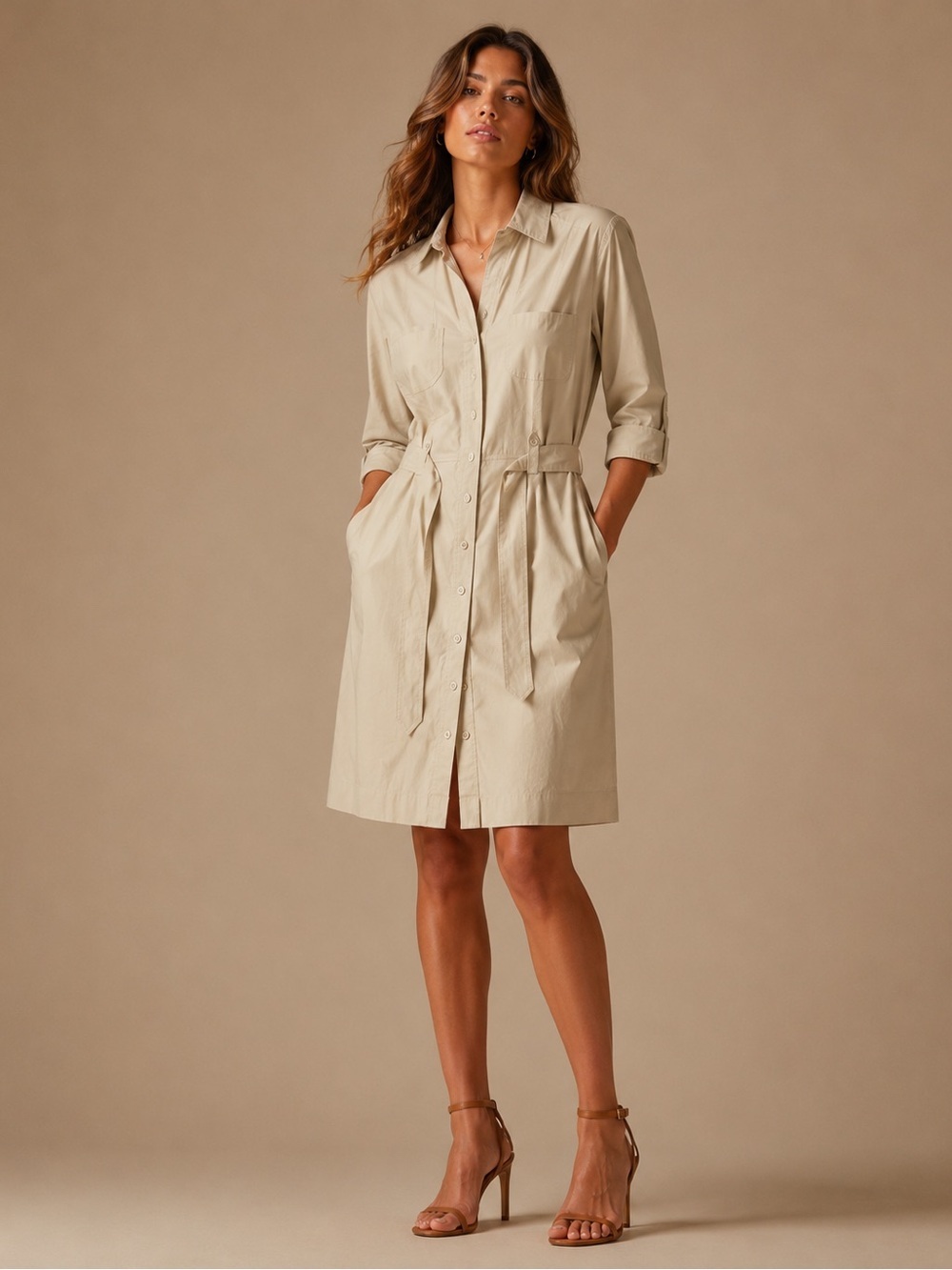 Ann Taylor LOFT Khaki Utility Safari Shirt Dress Size 8 Belted Midi